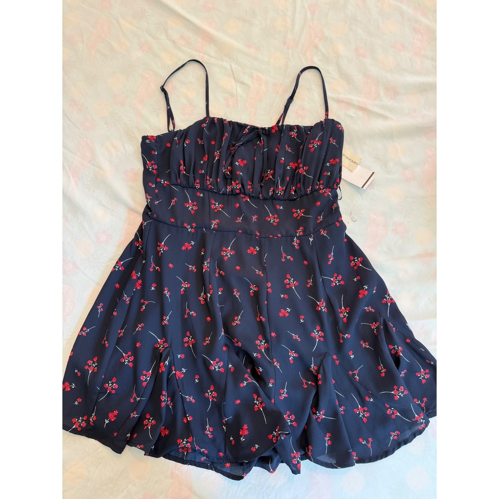 Francescas Navy Blue Red Floral Romper Adjustable Straps Smocked Back NWT - Picture 2 of 12
